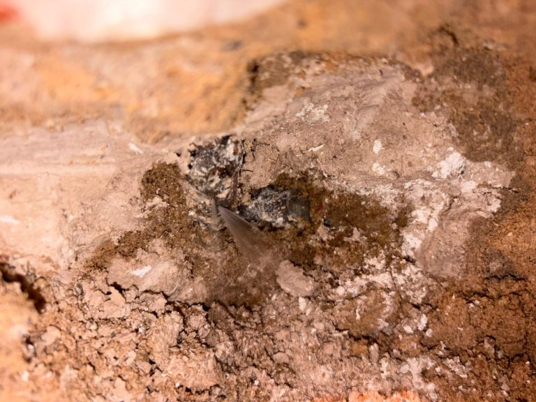 Wasser tritt aus einer undichten, freigelegten Rohrleitung im Mauerwerk aus.