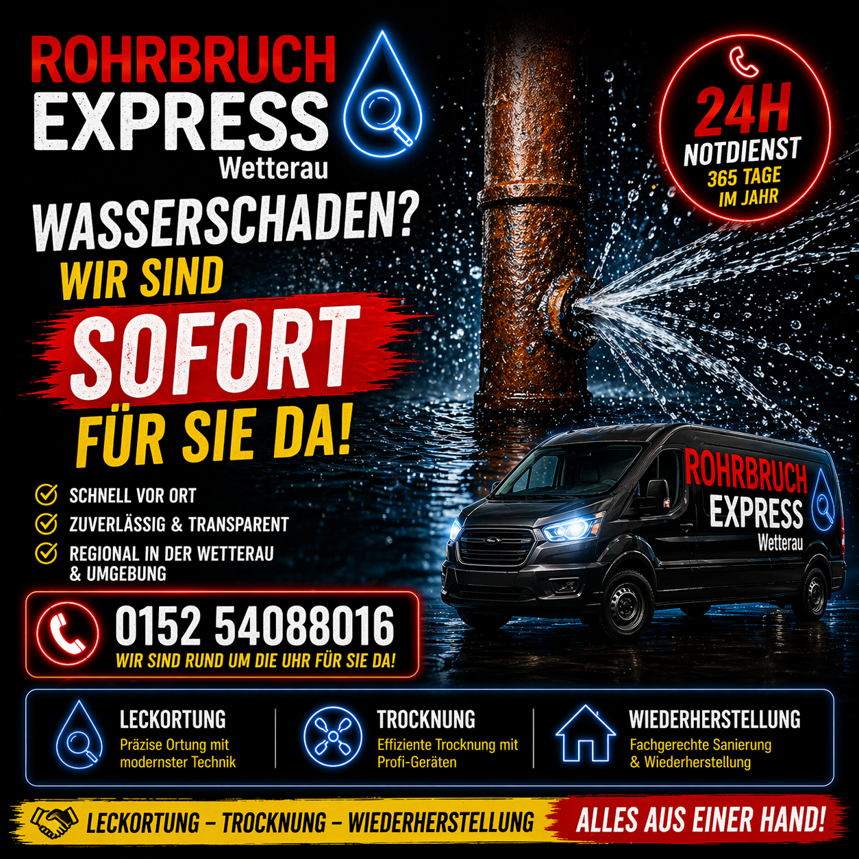 Werbeflyer von RohrbruchExpress Wetterau mit Informationen zu Leistungen bei Wasserschäden.